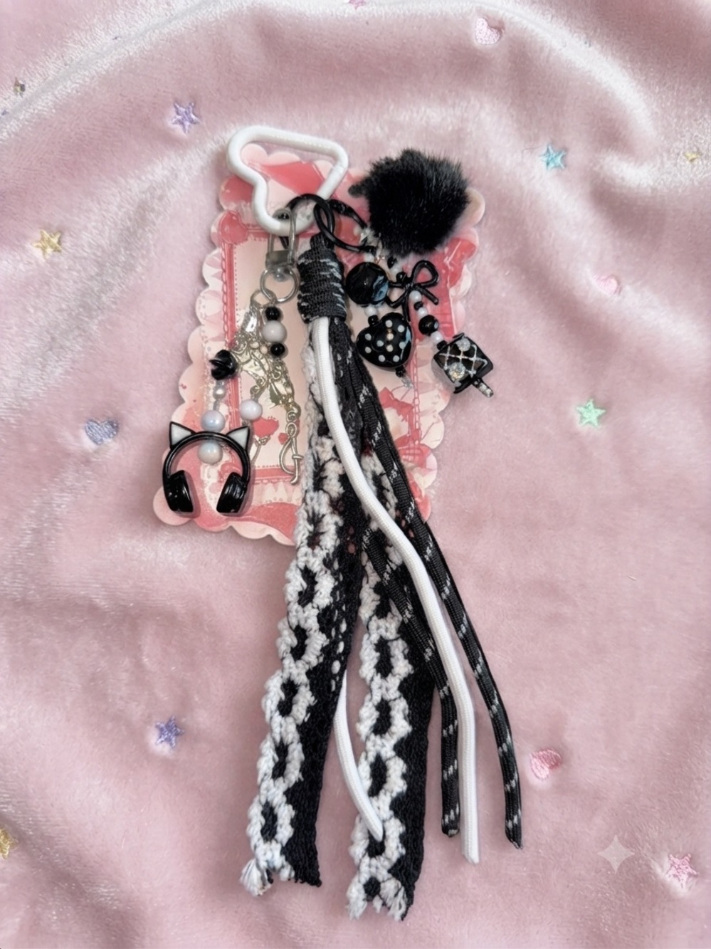 Kids Black & White Pom-Pom and Tassel Keychain Charm